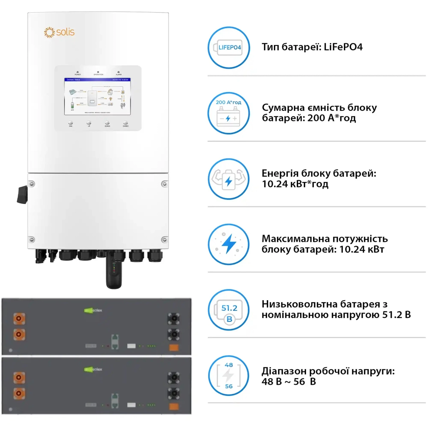 Купити Система зберігання енергії Solis SV-1SL8K1-LES10.2K1 8kW 10.2kWh 2BAT LiFePO4 6000 циклів (SV-1SL8K1-LES10.2K1) - фото 5